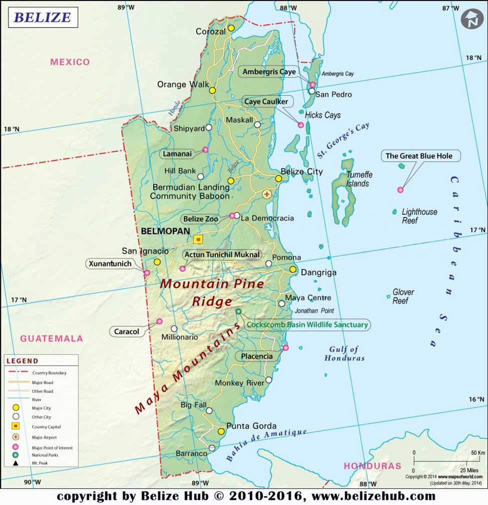Belize Map showing eco destinations like Mountain Pine Ridge, Maya Mountains, Turneffe Islands and the Great BLue Hole